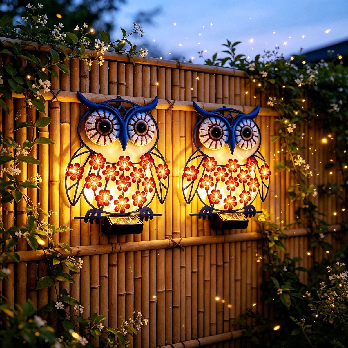 Solar Owl Wall Lamp Metal LED Outdoor Garden Decor Waterproof IP65 Animal Shape Solar Powered Light for Fence Balcony Yard Blue