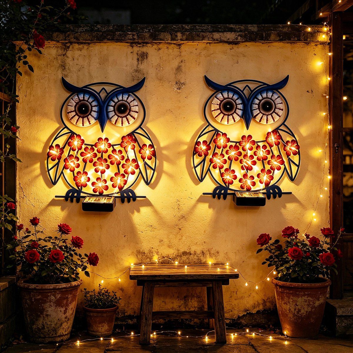 Solar Owl Wall Lamp Metal LED Outdoor Garden Decor Waterproof IP65 Animal Shape Solar Powered Light for Fence Balcony Yard Blue