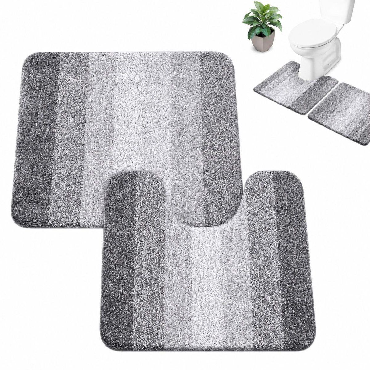 2 Piece Bath Mat Set with Toilet Mat, Absorbent Non Slip Microfiber Bathroom Rug, Grey