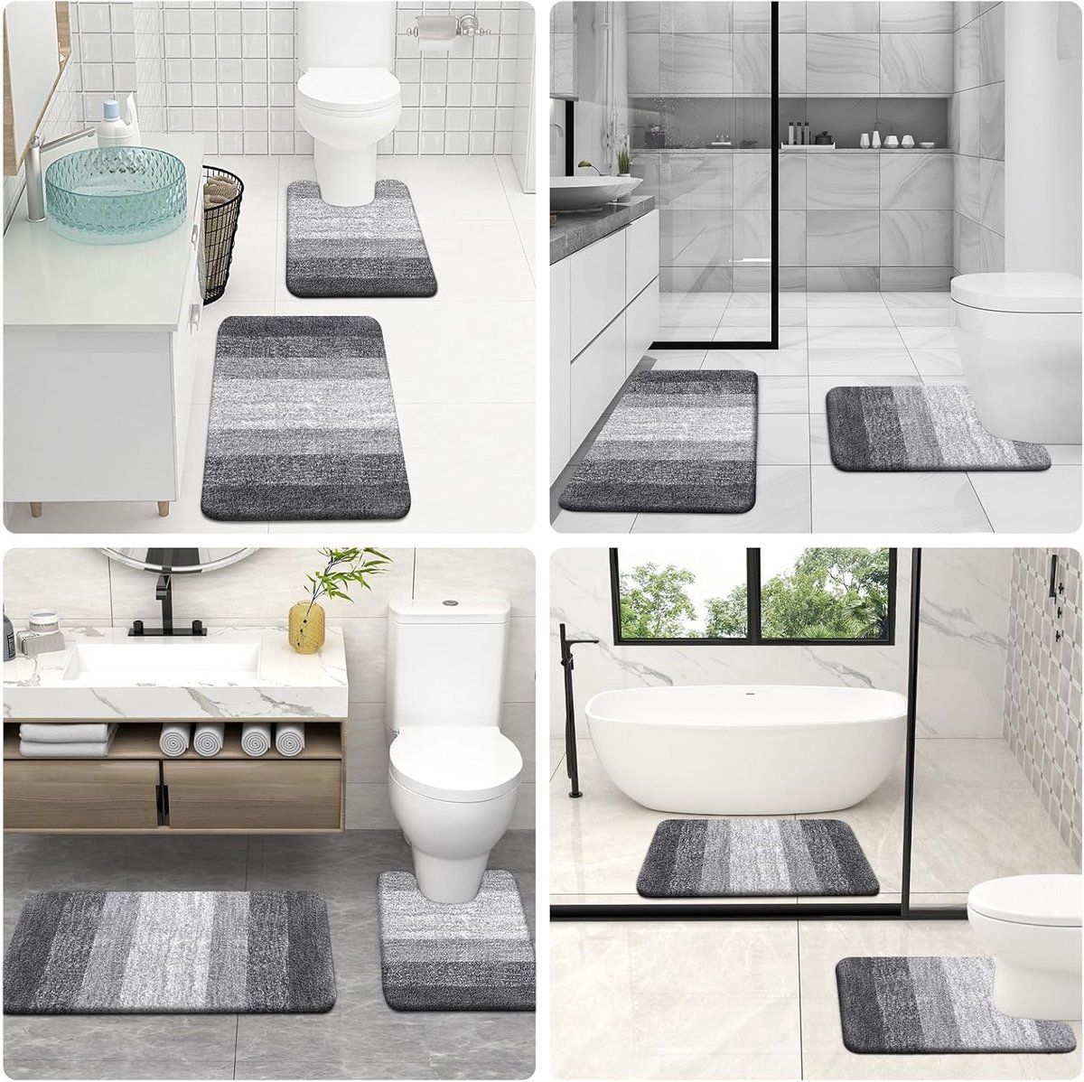 2 Piece Bath Mat Set with Toilet Mat, Absorbent Non Slip Microfiber Bathroom Rug, Grey