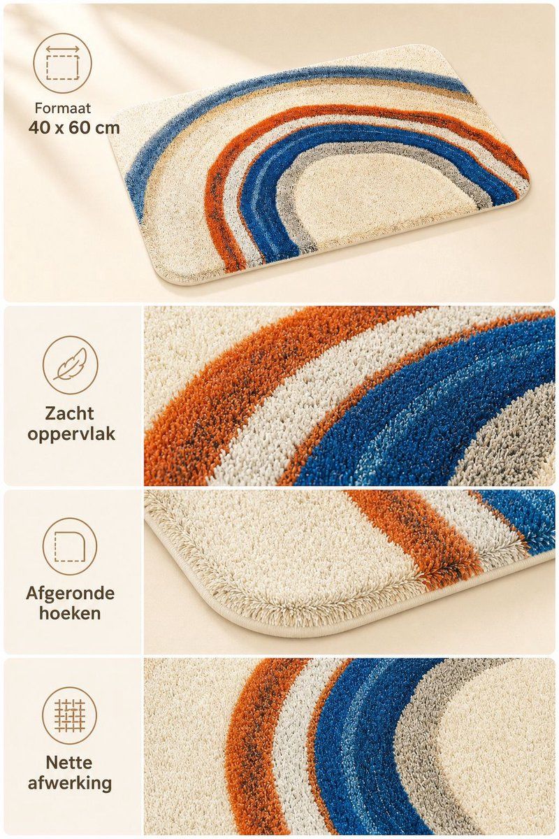 Cute Rainbow Bath Mat, Soft Non-Slip Absorbent Faux Cashmere Bathroom Rug for Toilet and Hallway, Beige, 40x60 cm