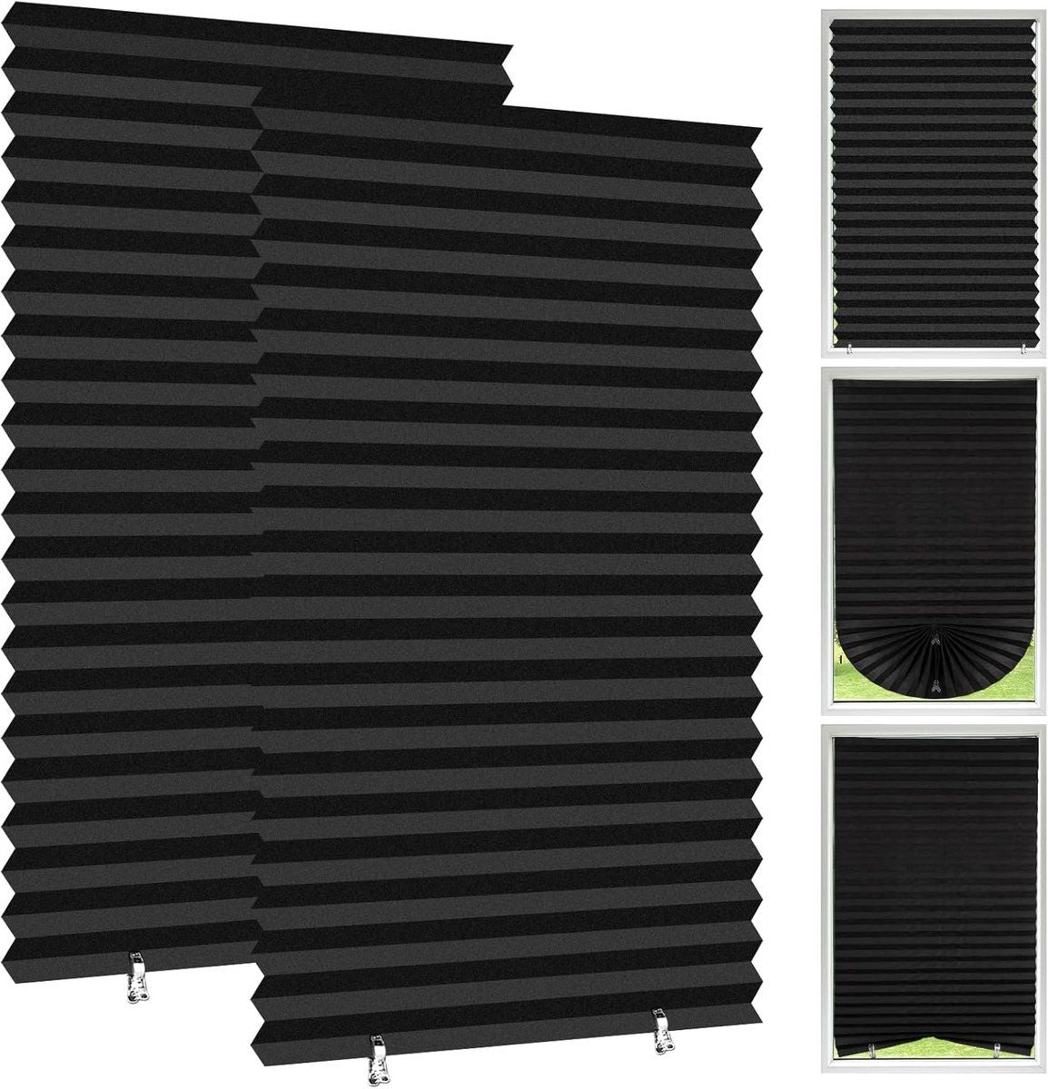 2 Pack Blackout Pleated Blinds, No Drill Window Shades with 4 Clips for Bedroom Kitchen Bathroom, 150x60cm