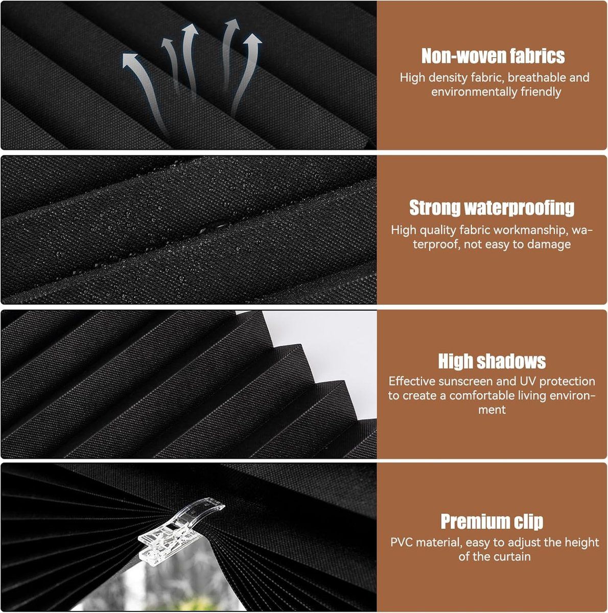 2 Pack Blackout Pleated Blinds, No Drill Window Shades with 4 Clips for Bedroom Kitchen Bathroom, 150x60cm