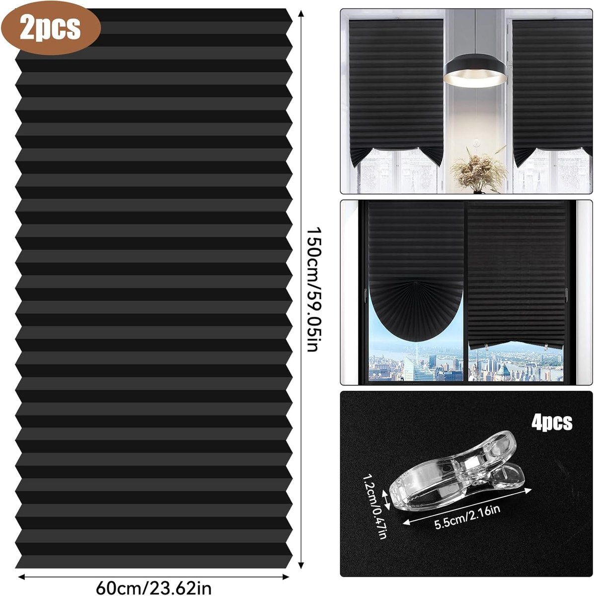 2 Pack Blackout Pleated Blinds, No Drill Window Shades with 4 Clips for Bedroom Kitchen Bathroom, 150x60cm