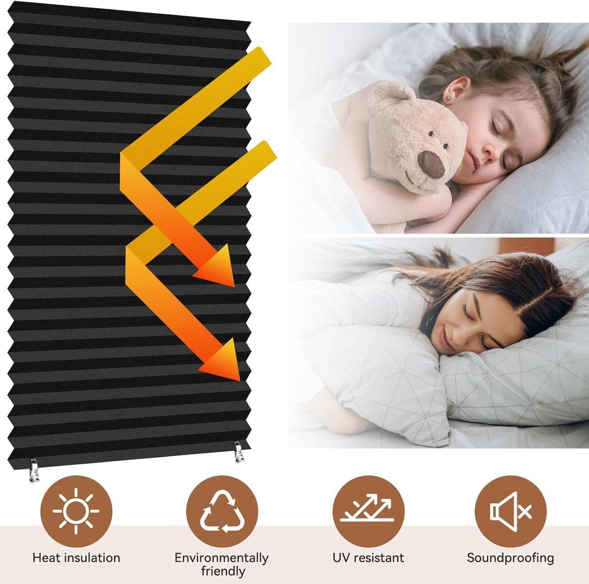 2 Pack Blackout Pleated Blinds, No Drill Window Shades with 4 Clips for Bedroom Kitchen Bathroom, 150x60cm