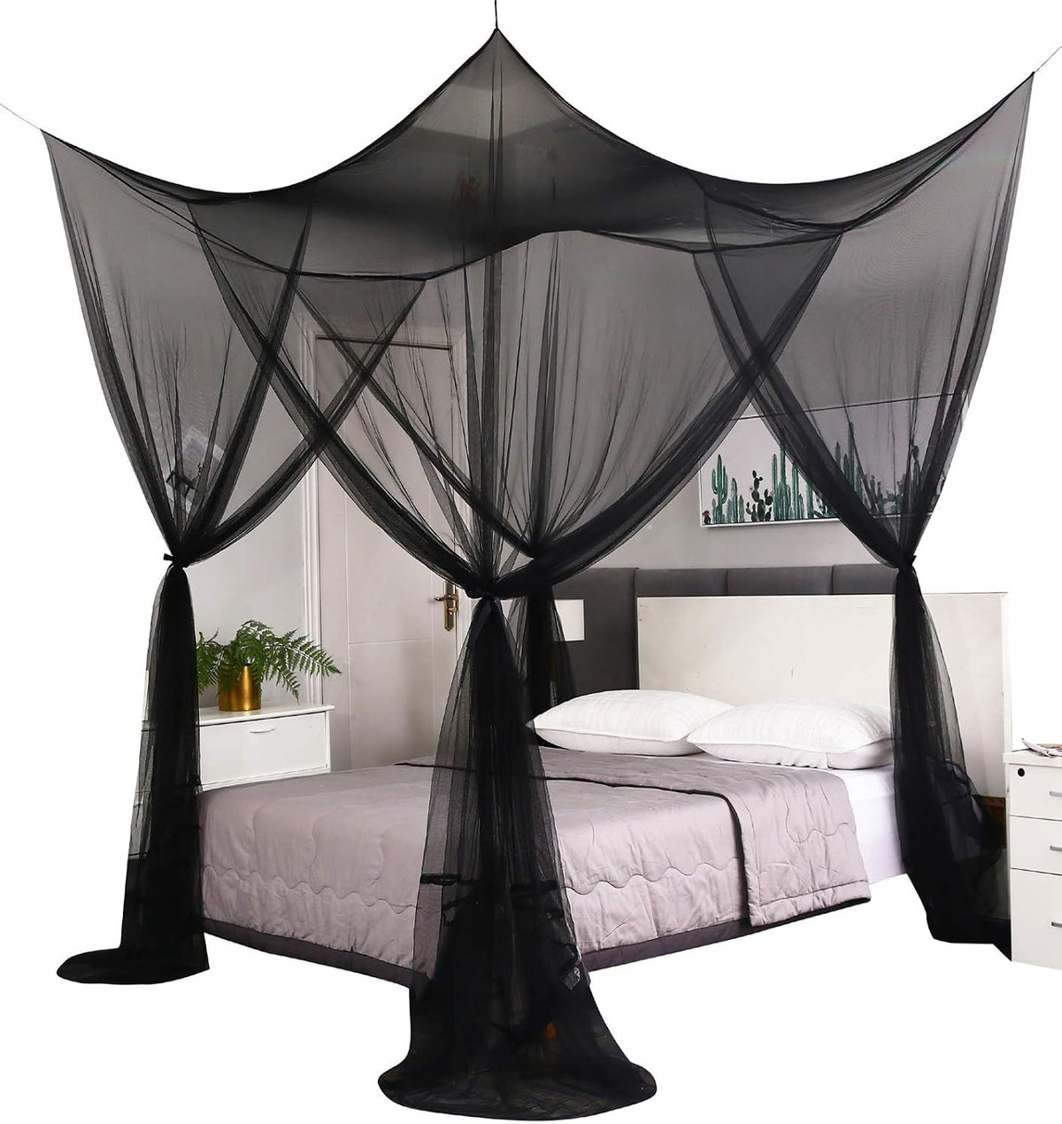 Black Bed Canopy Curtains Mosquito Net Drapes for Gothic Halloween Decoration Indoor Outdoor Use, Full Queen King Size