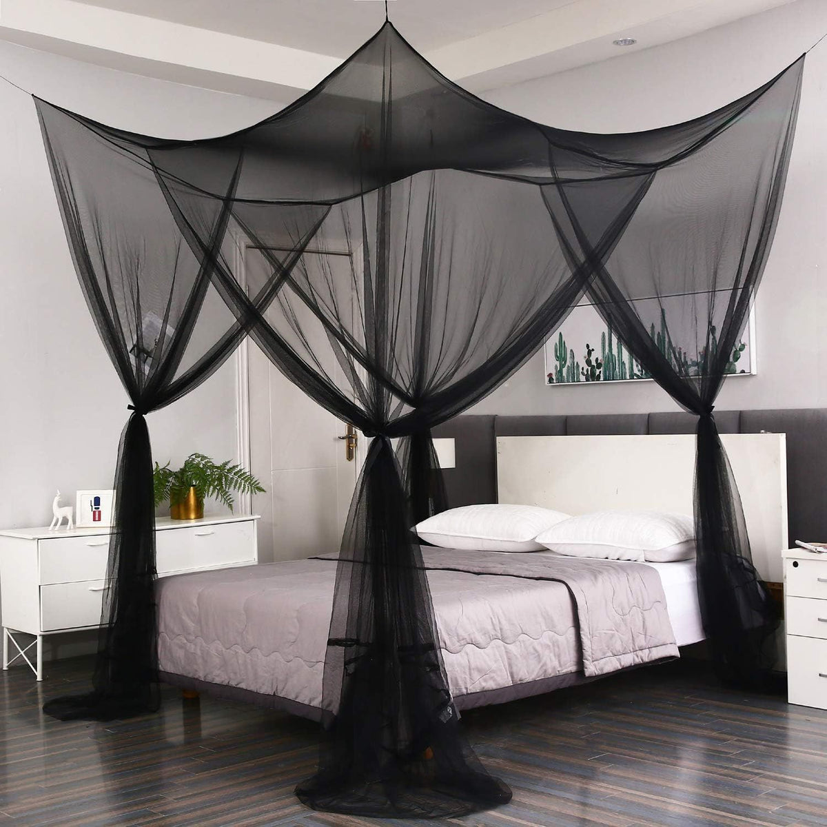 Black Bed Canopy Curtains Mosquito Net Drapes for Gothic Halloween Decoration Indoor Outdoor Use, Full Queen King Size
