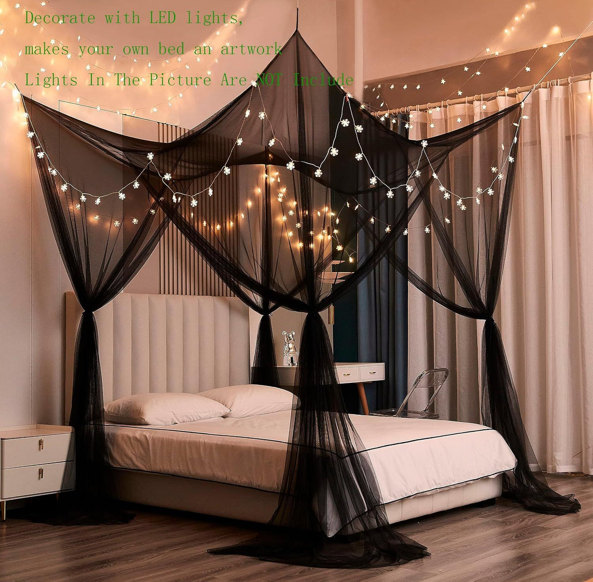 Black Bed Canopy Curtains Mosquito Net Drapes for Gothic Halloween Decoration Indoor Outdoor Use, Full Queen King Size