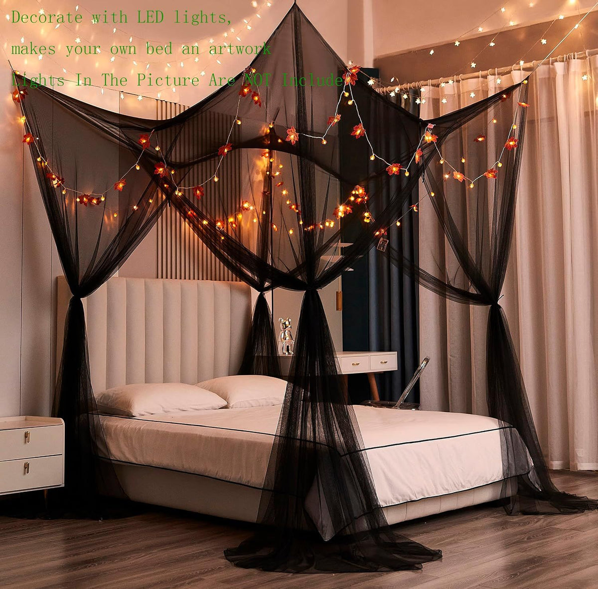 Black Bed Canopy Curtains Mosquito Net Drapes for Gothic Halloween Decoration Indoor Outdoor Use, Full Queen King Size