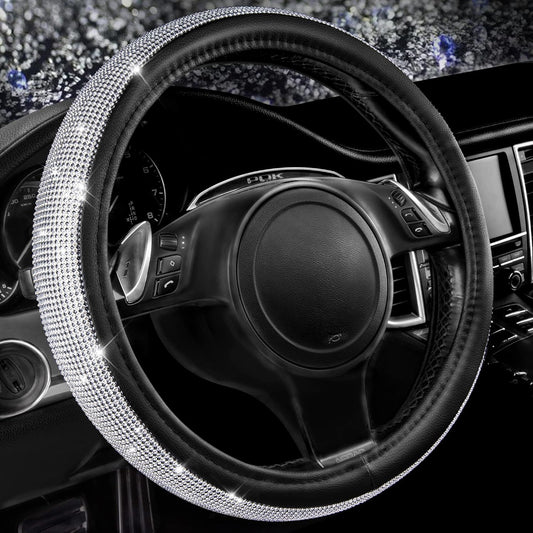 Bling Diamond Leather Steering Wheel Cover, with Bling Sparkly Crystal Glitter Rhinestones Universal Fit 14.5in-15in Car Wheel Protector for Women Girl Fit Suvs,Vans,Sedans,Car,Trucks, Silver