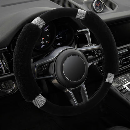 Rhinestone Fluffy Steering Wheel Cover - Comfortable Non-Slip Luxury Faux Wool, Universal Fit for 14.5" to 15" Steering Wheels