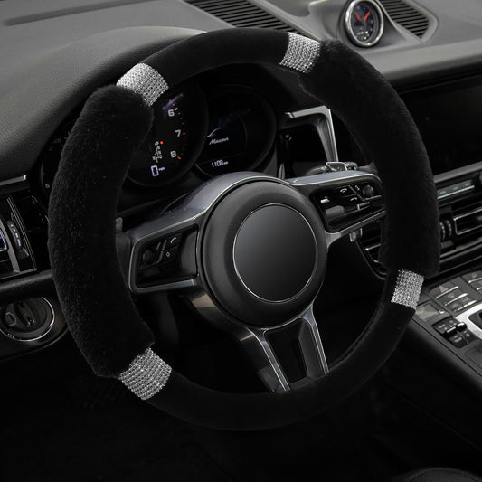 Rhinestone Fluffy Steering Wheel Cover - Comfortable Non-Slip Luxury Faux Wool, Universal Fit for 14.5" to 15" Steering Wheels