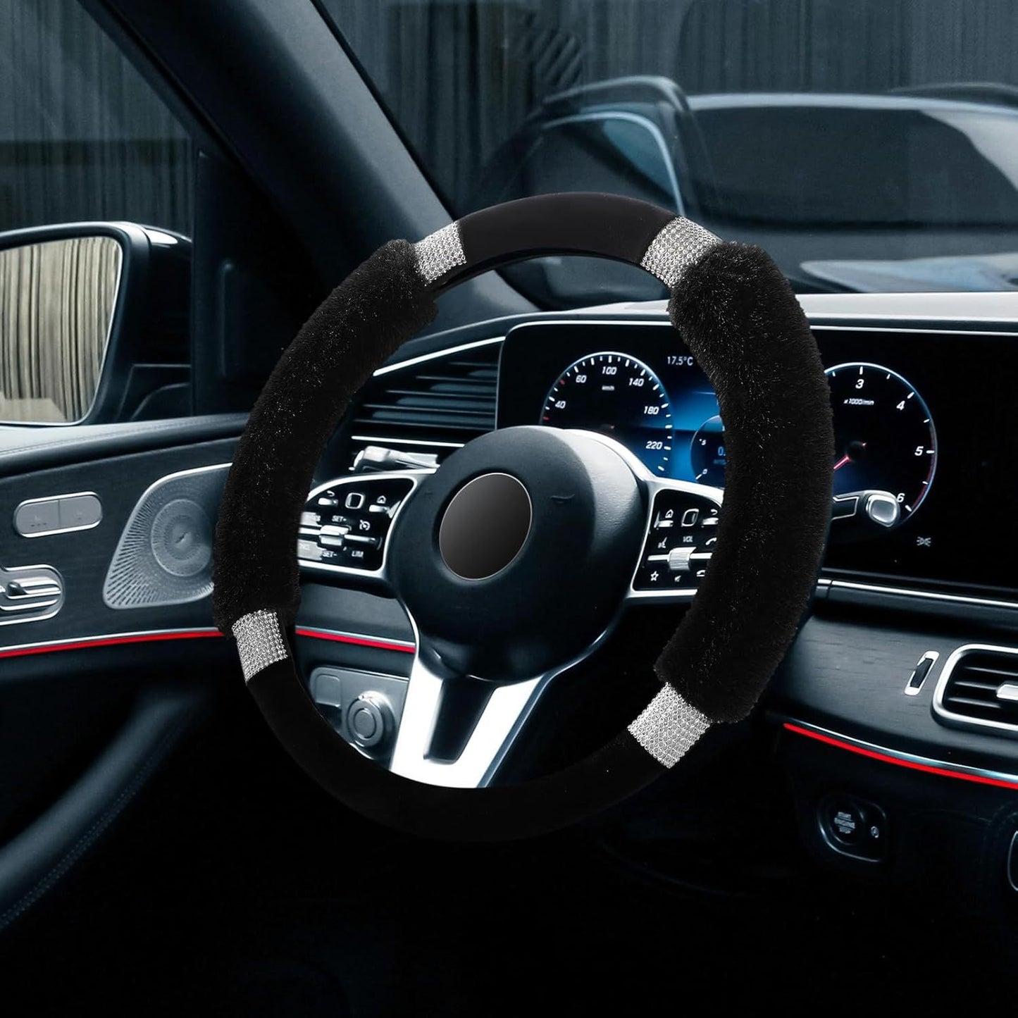 Rhinestone Fluffy Steering Wheel Cover - Comfortable Non-Slip Luxury Faux Wool, Universal Fit for 14.5" to 15" Steering Wheels