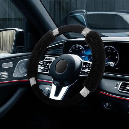 Rhinestone Fluffy Steering Wheel Cover - Comfortable Non-Slip Luxury Faux Wool, Universal Fit for 14.5" to 15" Steering Wheels