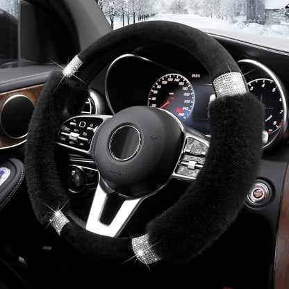 Rhinestone Fluffy Steering Wheel Cover - Comfortable Non-Slip Luxury Faux Wool, Universal Fit for 14.5" to 15" Steering Wheels