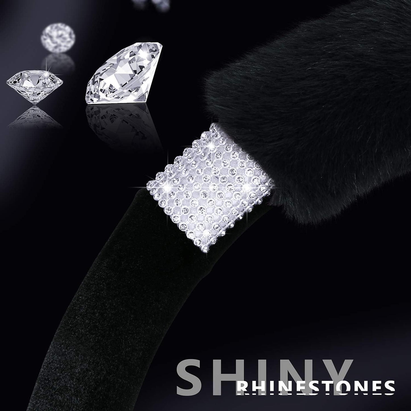 Rhinestone Fluffy Steering Wheel Cover - Comfortable Non-Slip Luxury Faux Wool, Universal Fit for 14.5" to 15" Steering Wheels