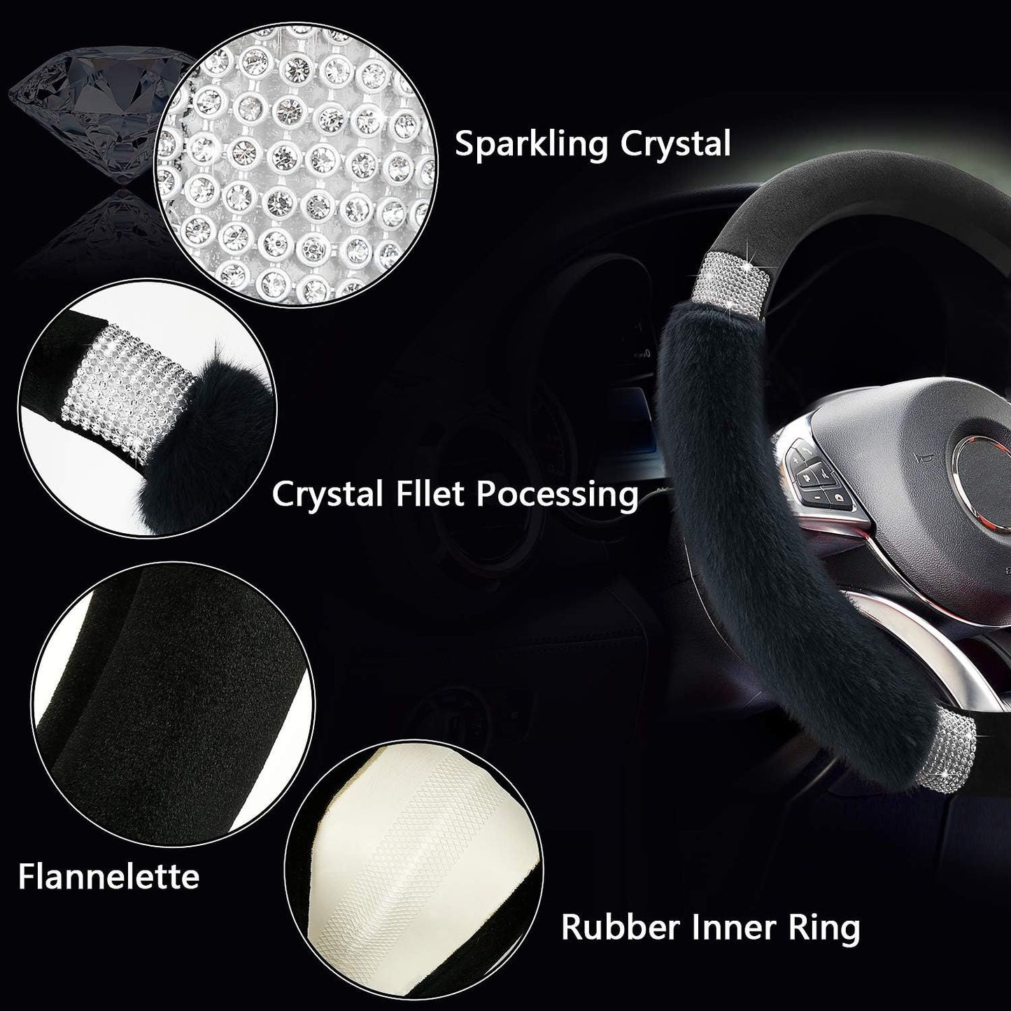 Rhinestone Fluffy Steering Wheel Cover - Comfortable Non-Slip Luxury Faux Wool, Universal Fit for 14.5" to 15" Steering Wheels