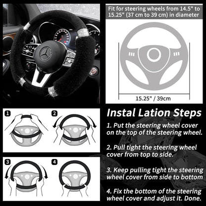 Rhinestone Fluffy Steering Wheel Cover - Comfortable Non-Slip Luxury Faux Wool, Universal Fit for 14.5" to 15" Steering Wheels