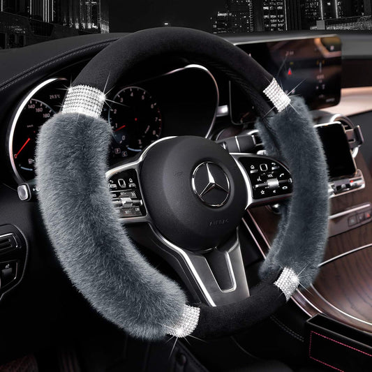 Rhinestone Fluffy Steering Wheel Cover - Comfortable Non-Slip Luxury Faux Wool, Universal Fit for 14.5" to 15" Steering Wheels