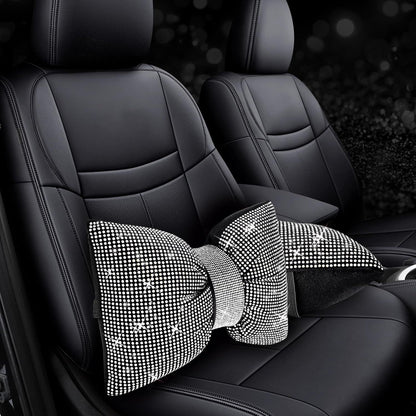 2 PCS Bling Car Pillows, Rhinestones Bowknot Bling Car Headrest Pillow, Car Neck Pillow for Driver Cool Relax Necksupport, White Crystal Diamond Car Accessories for Women