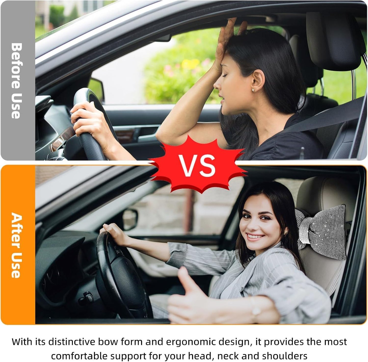 2 PCS Bling Car Pillows, Rhinestones Bowknot Bling Car Headrest Pillow, Car Neck Pillow for Driver Cool Relax Necksupport, White Crystal Diamond Car Accessories for Women