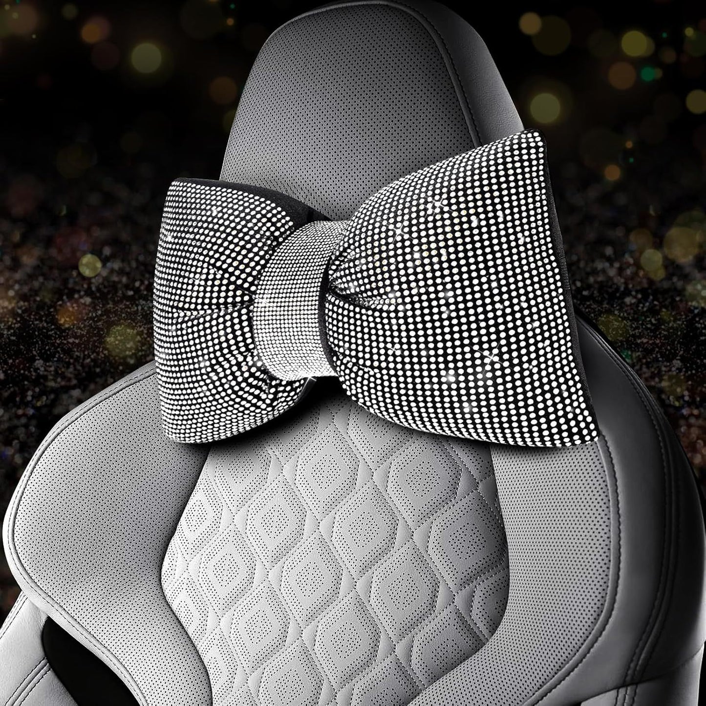 2 PCS Bling Car Pillows, Rhinestones Bowknot Bling Car Headrest Pillow, Car Neck Pillow for Driver Cool Relax Necksupport, White Crystal Diamond Car Accessories for Women