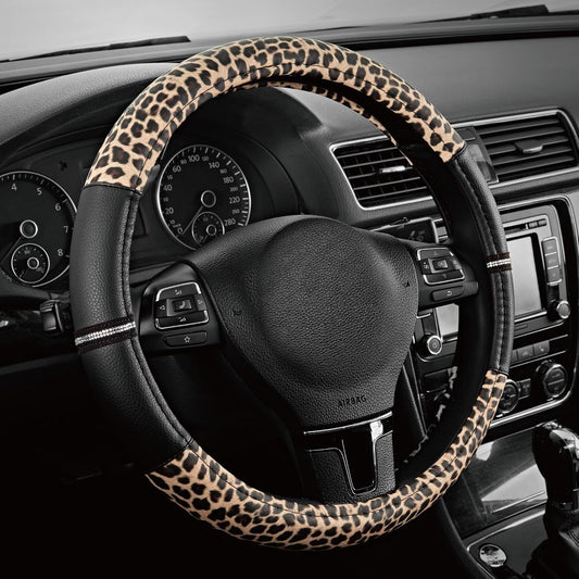 Leopard Steering Wheel Cover - Made with PVC Leather Cheetah Print - Anti-Slip, Universal Fit 14 1/2 inches to 15 inches - Black