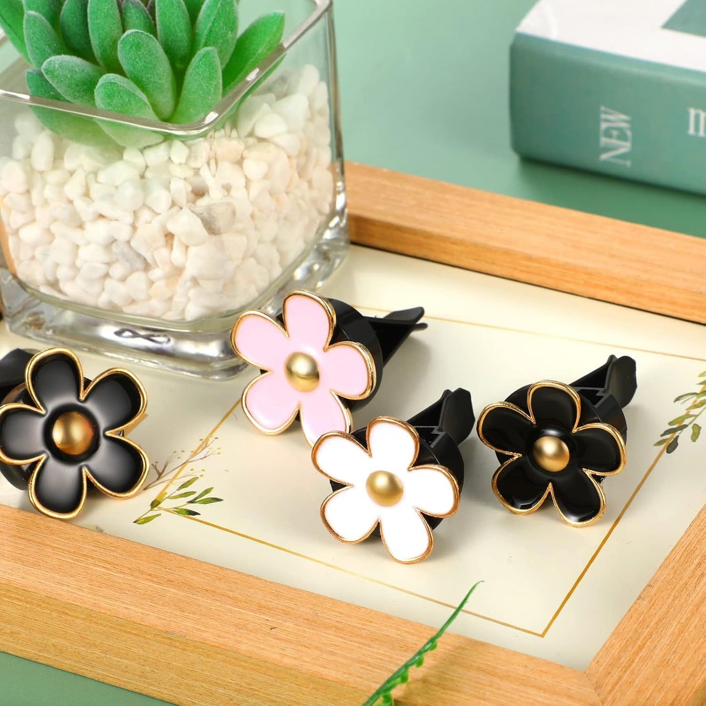 6 Pcs Daisy Flower Air Vent Clip Accessories Air Conditioning Outlet Clip Car Air Freshener Dashboard Accessories Charm Car Inter Decor(3 cm, 3.3 cm,Black, Pink, White)