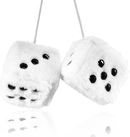 Pair 3” White with Black Dots Mirror Fuzzy Plush Dice, White and Black Soft Plush Car Decorative Hanging Ornament.