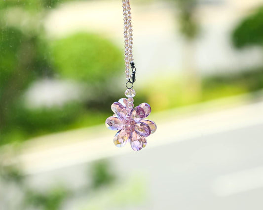 Crystal Flower Car Rear View Mirror Pendant - Pink Crystal Beads Charm Decor for Women Interior