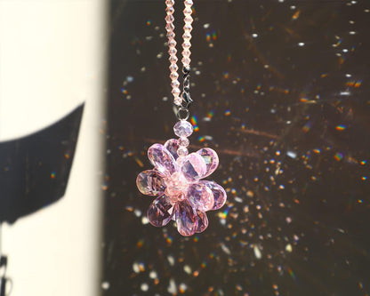Crystal Flower Car Rear View Mirror Pendant - Pink Crystal Beads Charm Decor for Women Interior