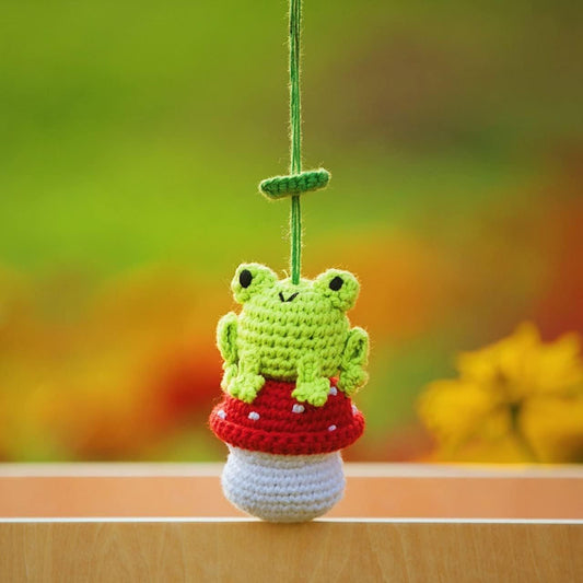 Crochet Frog and Mushroom Ornament, Accessories for Rear View Window, Handmade Hanging Car Charm, Automotive Interior Decorations, House Decoration (Frog and Mushroom)
