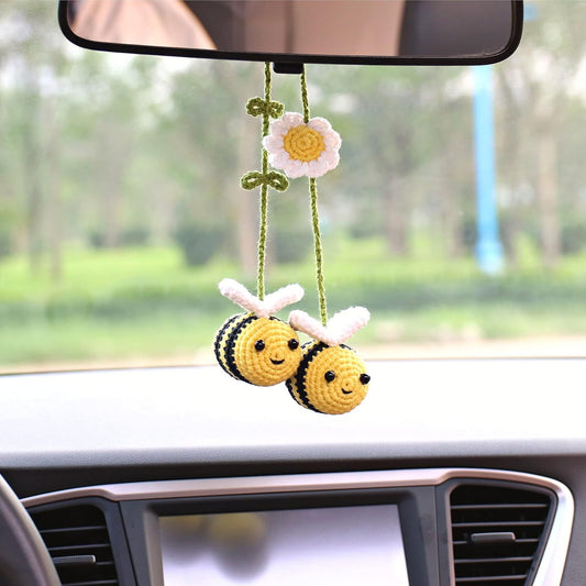 Crochet Bee Car Rear View Mirror Holder, Cute Bumblebee Hanging Ornament, Gift for Bee Lovers, Crochet Lovely Bag Ornament, Automotive Interior Decorations
