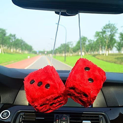 Pair 3” Red with White Dots Mirror Fuzzy Plush Dice,Red and White Soft Plush Car Decorative Hanging Ornament