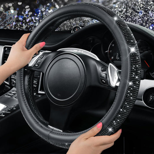 Bling Diamond Leather Steering Wheel Cover, With Sparkly Crystal Glitter Rhinestones Universal Fit 14"1/2-15" Car Wheel Protector for Women Girl Fit Suvs,Vans,Sedans,Car,Trucks, Black Diamond