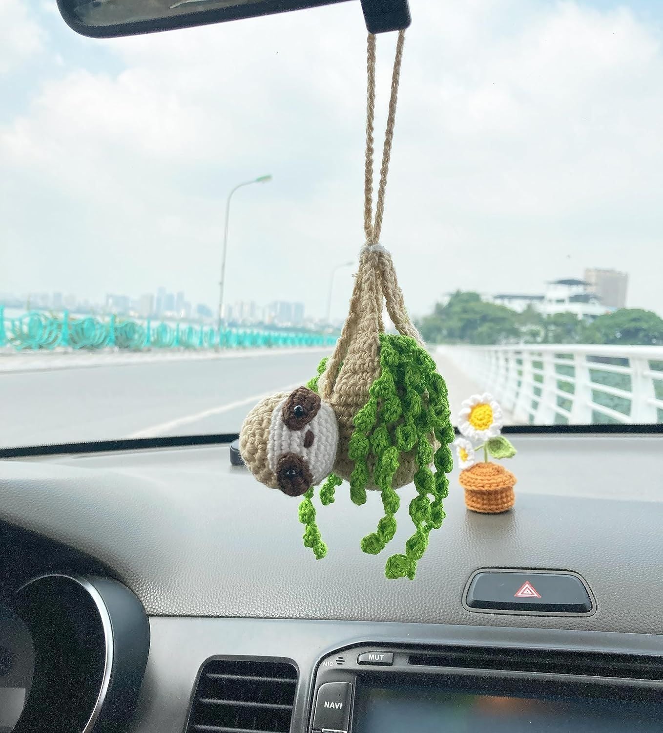 Crochet Sloth Car Rear View Mirror Holder, Cute Hanging Ornament, A Gift for Lovers Hanging, Lovely Bag Automotive Interior Decorations