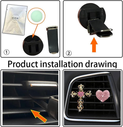 2 Pack Car Vent Clips,Crystal Cross and Heart Air Vent Clips,Bling Car Accessories for Women & Girls(Pink)