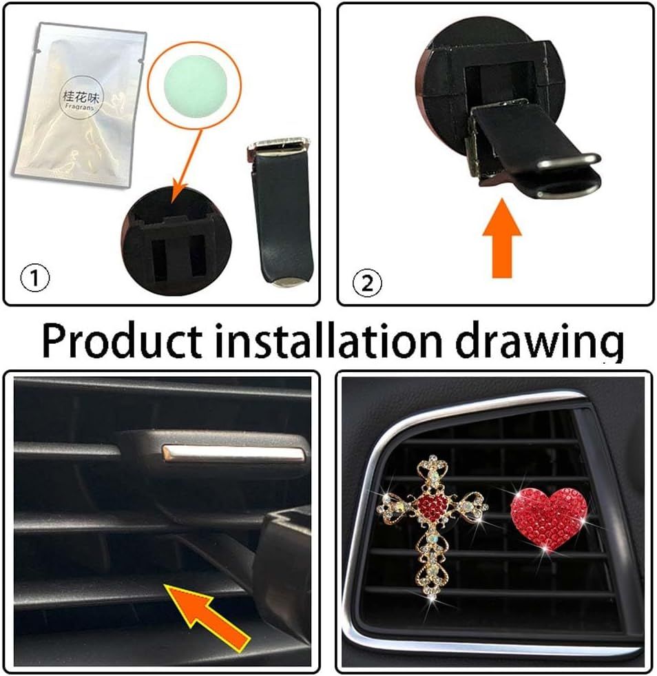 2 Pack Bling Car Vent Clip Decor, Diamond Cross & Heart Air Freshener - Women's Car Essentials (Red)