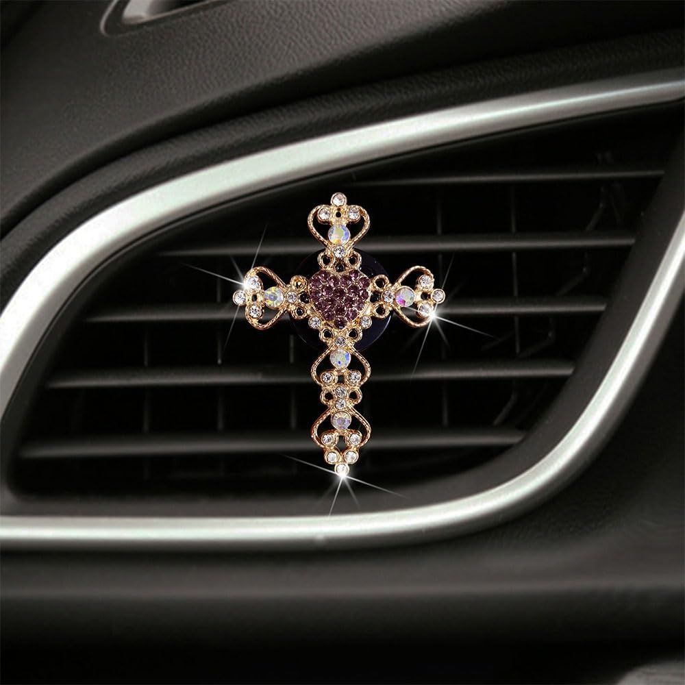 2 Pack Accessories, Crystal Cross & Heart Car Vent Clip Air Freshener, Diamond Car Decoration Essentials for Women (Purple)