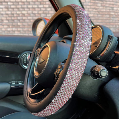 Bling Bling Comfy Steering Wheel Cover with Jumbo Crystal Rhinestones, Anti-Slip Diamond Leather, Universal 15 Inch (Pink)