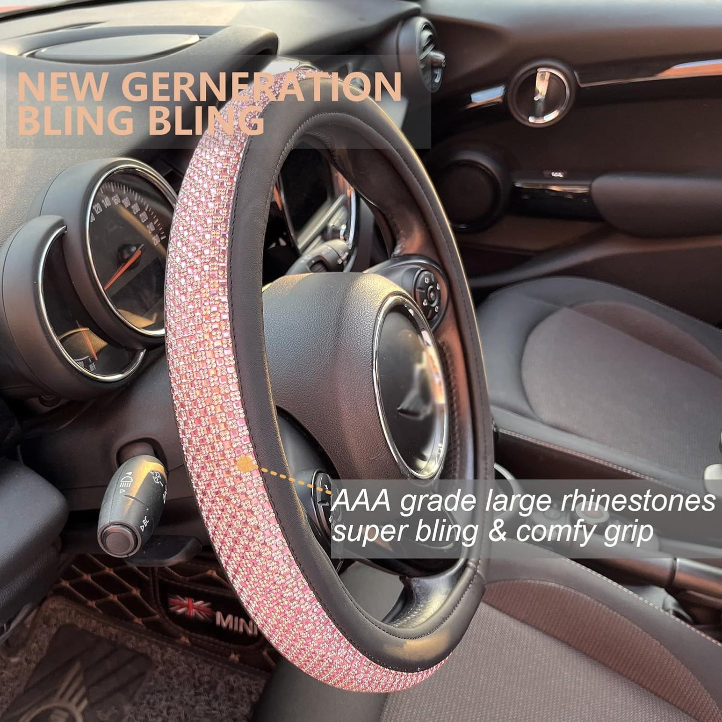 Bling Bling Comfy Steering Wheel Cover with Jumbo Crystal Rhinestones, Anti-Slip Diamond Leather, Universal 15 Inch (Pink)