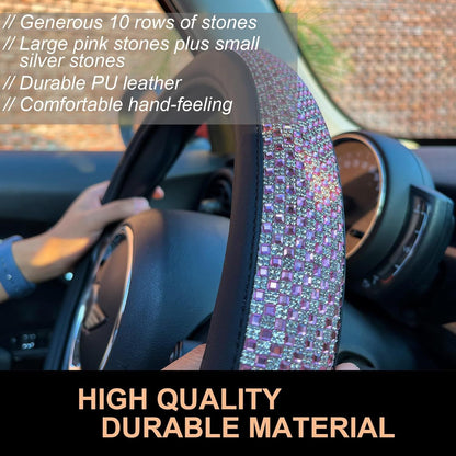 Bling Bling Comfy Steering Wheel Cover with Jumbo Crystal Rhinestones, Anti-Slip Diamond Leather, Universal 15 Inch (Pink)