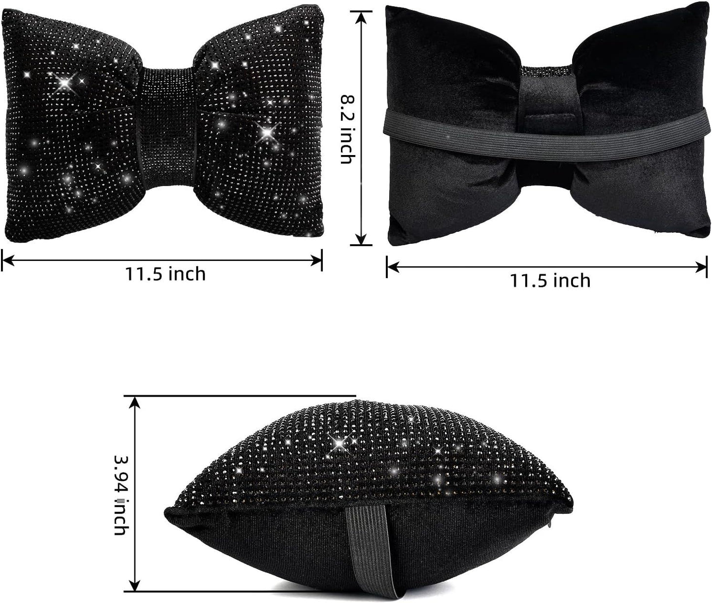 2 PCS Bling Car Pillows,Rhinestones Bowknot Car Headrest Pillow,Car Neck Pillow for Driver Relax Necksupport,Sleeping Travel Support Neck Pillow,Shiny Diamond Interior Accessories for Women,Black