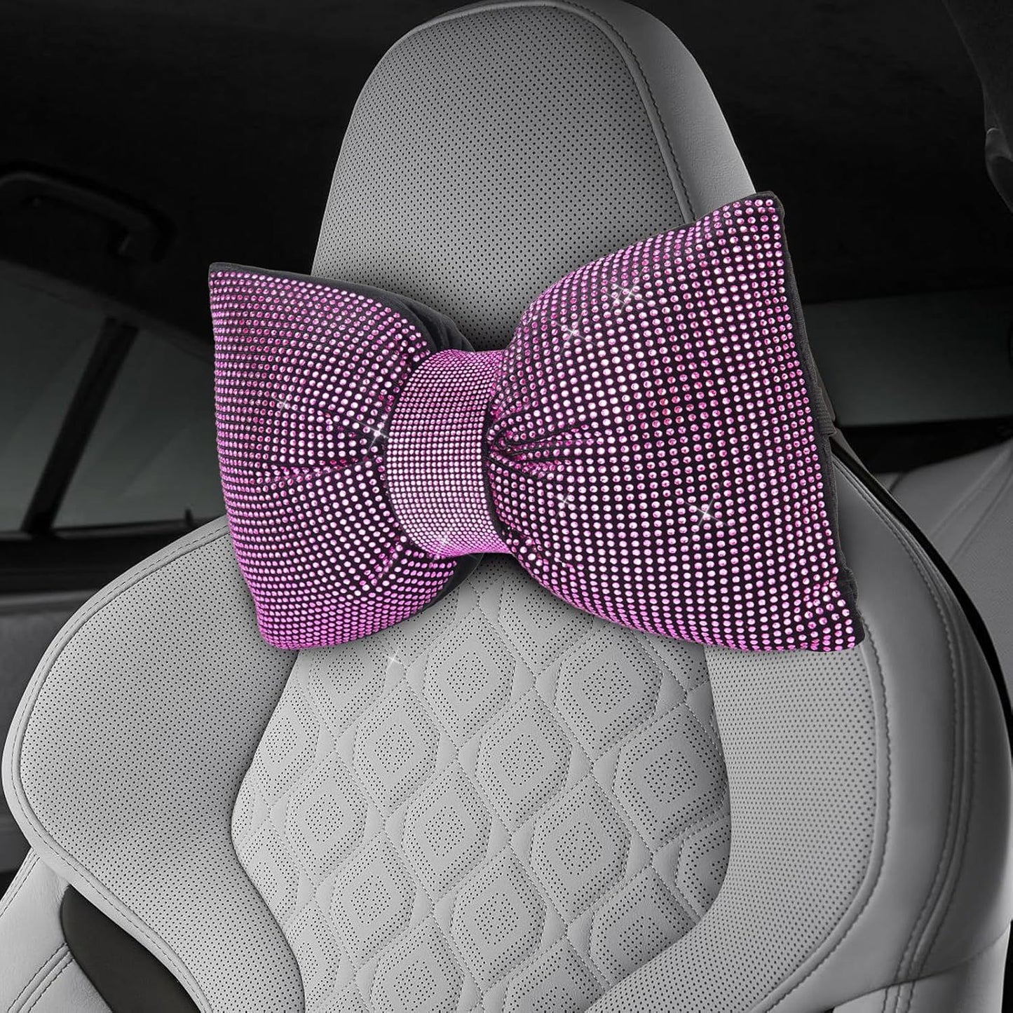 2 PCS Bling Car Pillows,Rhinestones Bowknot Car Headrest Pillow,Car Neck Pillow for Driver Relax Necksupport,Sleeping Travel Support Neck Pillow,Shiny Diamond Interior Accessories for Women,Pink