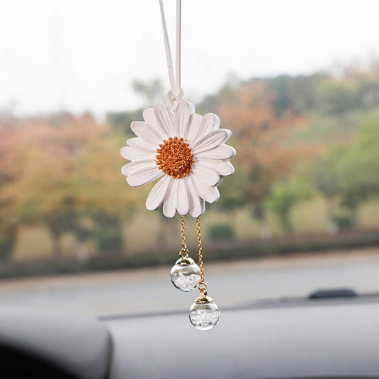 Daisy Car Hanging Ornaments for Women Girls Cute Sunflower Car Rear View Mirror Hanging Charms Automotive Interior Aesthetic Decoration Accessories Gift (White)