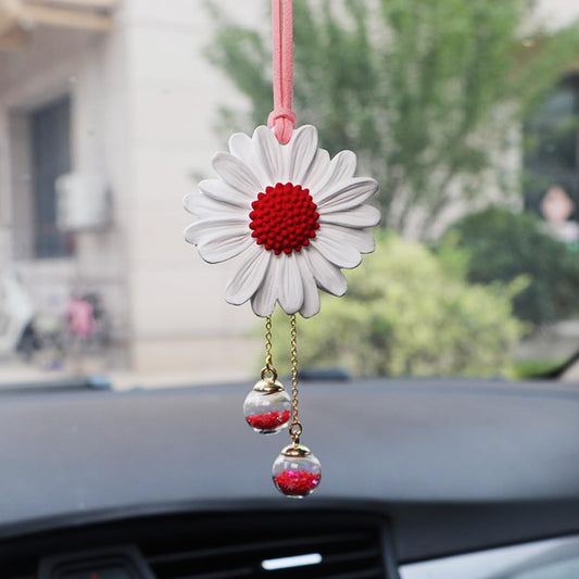 Daisy Car Hanging Ornaments for Women Girls Cute Sunflower Car Rear View Mirror Hanging Charms Automotive Interior Aesthetic Decoration Accessories Gift (White & Red)