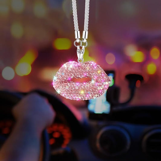 Diamond Car Accessories for Women, Crystal Rear View Mirror Accessories,for Family and Lover,Car Decoration, Valentine's Gift, Lucky Hanging Interior Ornament (Pink)