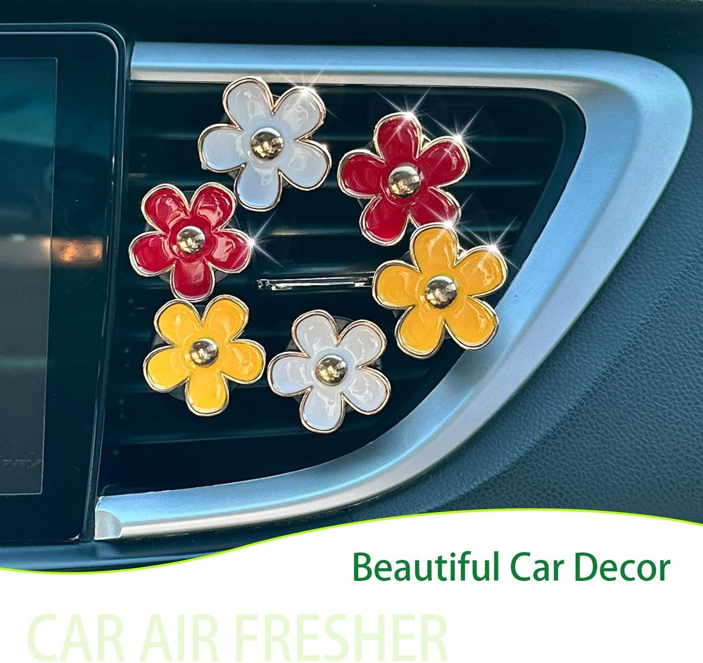 6pcs Flower Car Air Freshener Vent Clips,Red Yellow White Daisy Car Dashboard Accessories,3.3cm/3cm Flower Air Vent Clip for Women,Refillable Car Diffuser Decor