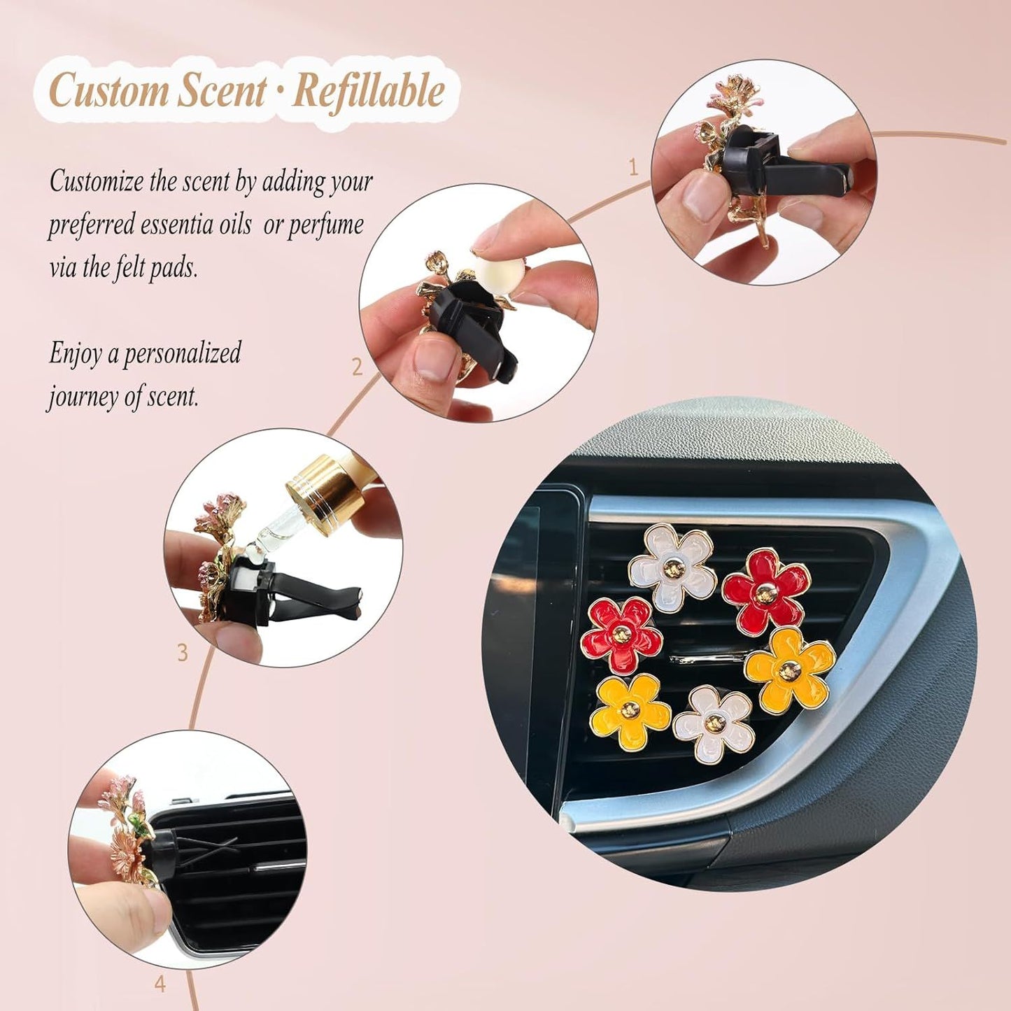 6pcs Flower Car Air Freshener Vent Clips,Red Yellow White Daisy Car Dashboard Accessories,3.3cm/3cm Flower Air Vent Clip for Women,Refillable Car Diffuser Decor
