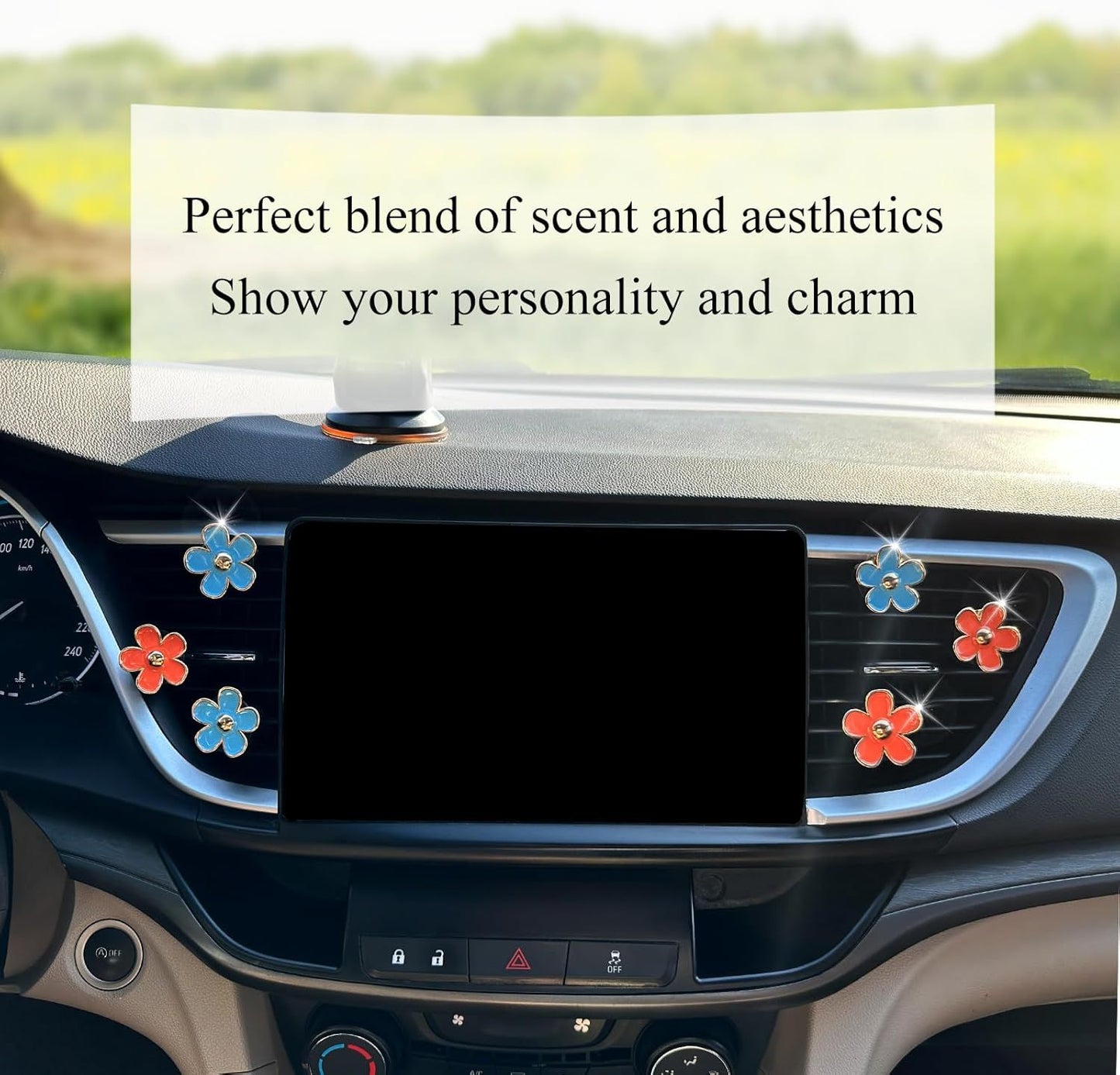 Flower Car Accessories,6pcs Daisy Car Air Freshener Vent Clips,3.3cm/3cm Blue Orange Flowers Decor,Refillable Diffusers for Women